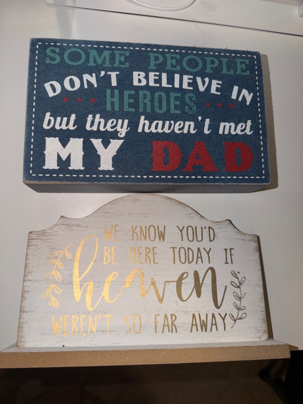 My Dad Heroes Sign & Gold 'Heaven' Wood Plaque - Blue, Teal, Red, White, Gold
